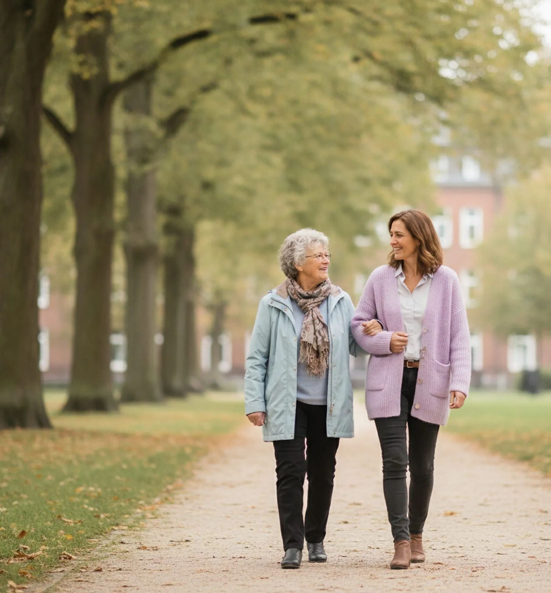 Alltagsbegleiterin von BeHome Care und eine Seniorin im Gespräch auf einem Parkweg