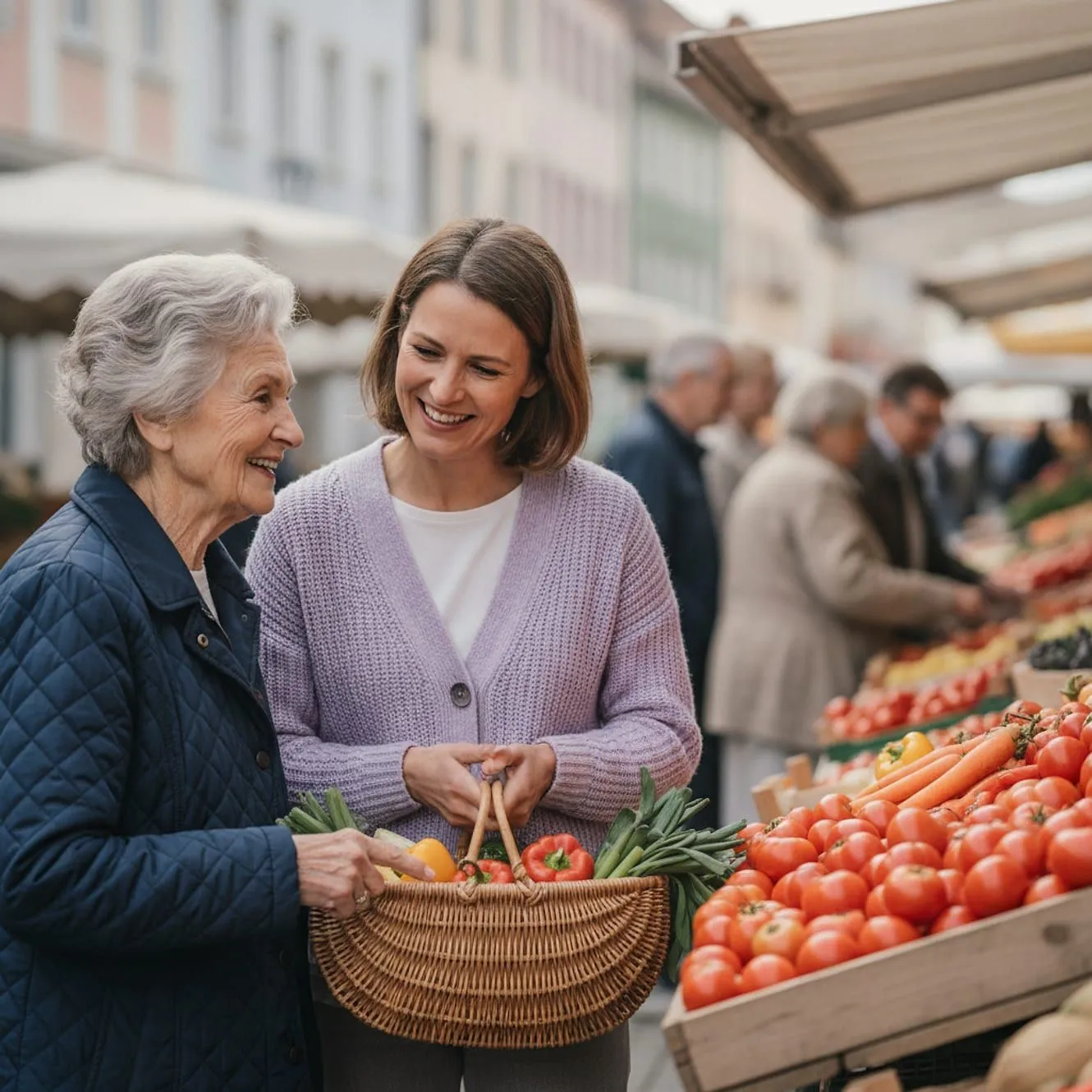 Alltagsbegleiterin von BeHome Care und eine Seniorin beim Einkauf auf dem Wochenmarkt