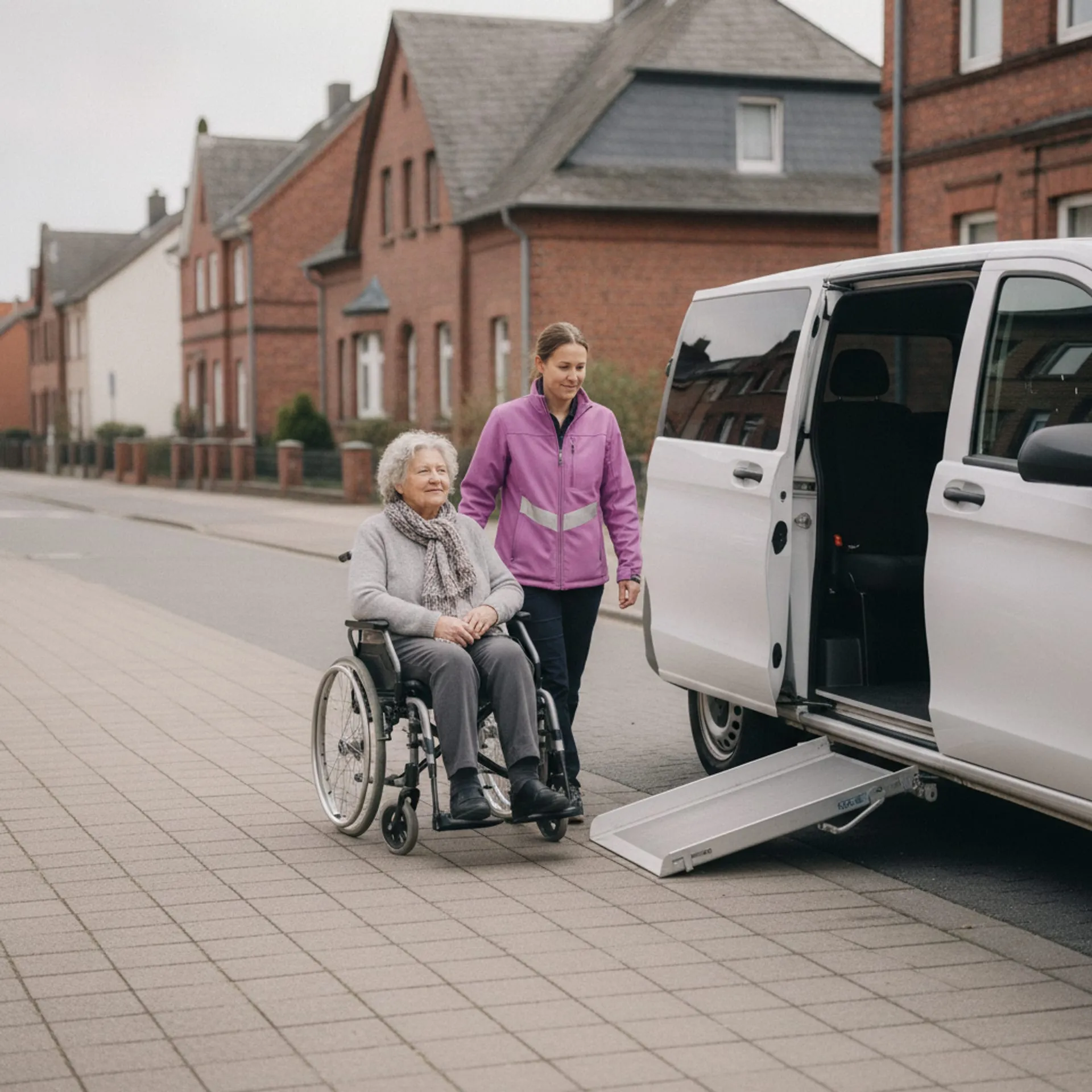 Fahrer bringt eine ältere Dame im Rollstuhl zum Krankenfahrdienst-Wagen