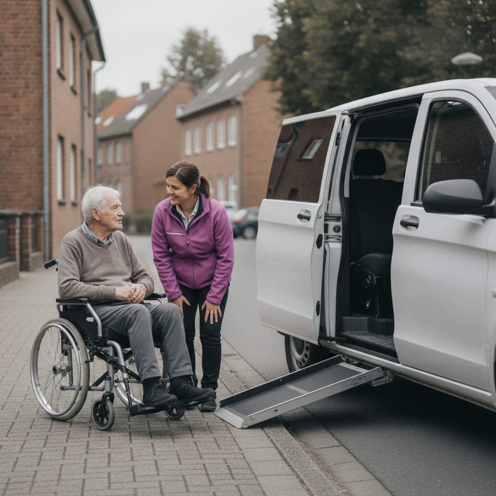 Fahrerin der BeHome Care begleitet einen älteren Herrn im Rollstuhl zum Fahrzeug
