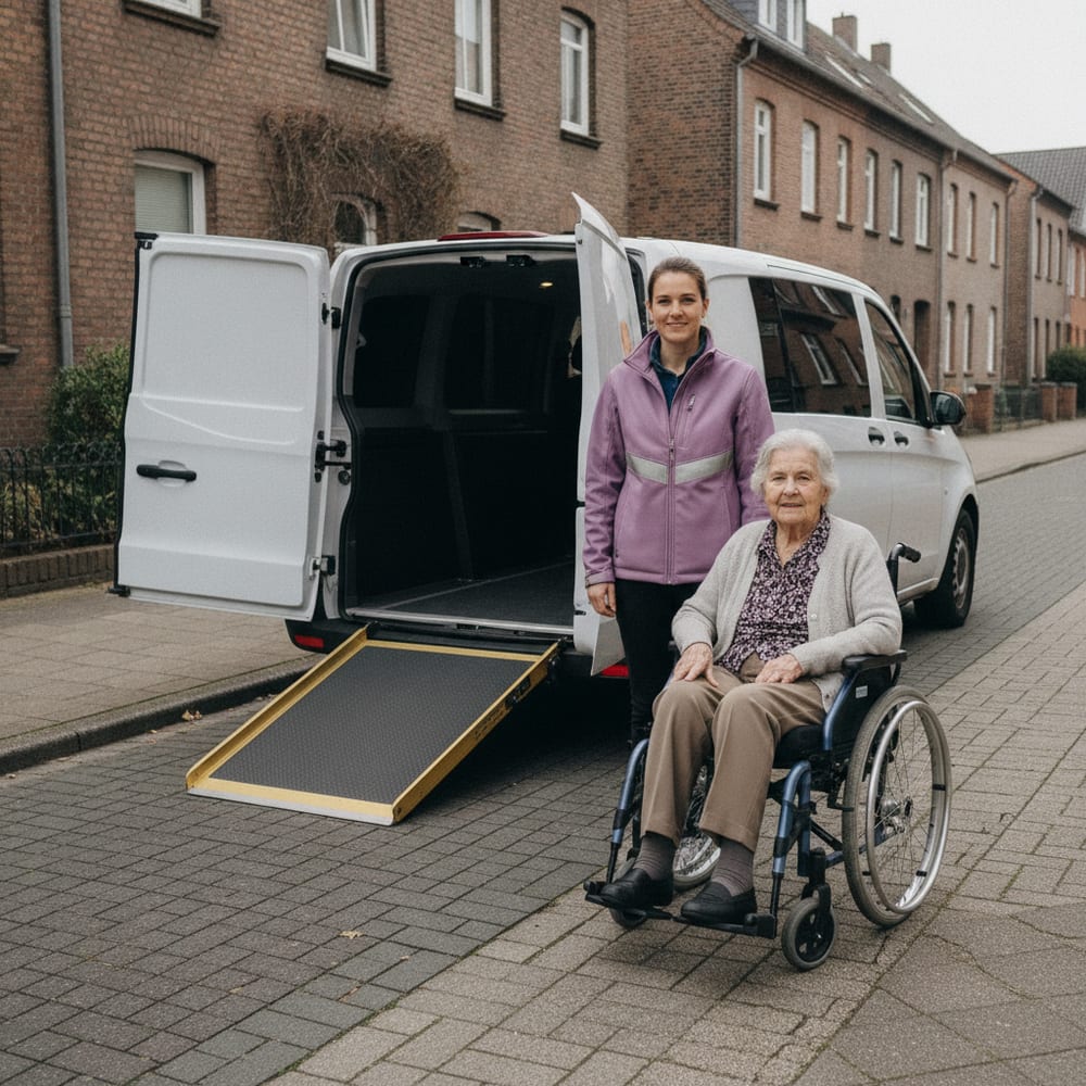 Ältere Dame im Rollstuhl neben dem weißen Krankenfahrdienst-Wagen mit ausgeklappter Rampe, begleitet von einer Fahrerin der BeHome Care